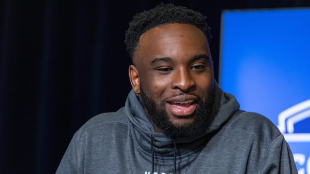 Mar 1, 2023; Indianapolis, IN, USA; Kansas State defensive lineman Felix Anudike Uzomah (DL22) speaks to the press at the NFL Combine at Lucas Oil Stadium. Mandatory Credit: Trevor Ruszkowski-USA TODAY Sports